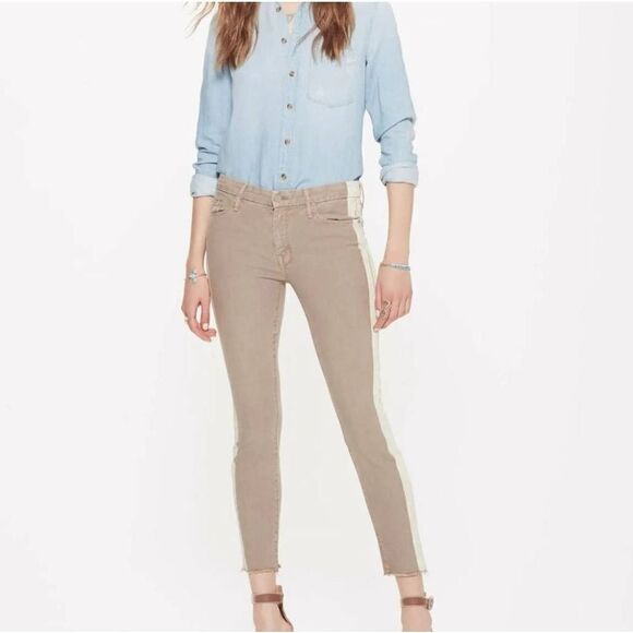 Mother Denim Looker Ankle Fray Jeans So Far Gone Khaki White Stripes Size 26 - Picture 1 of 5